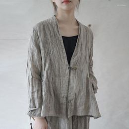 Women's Jackets Johnature Women Wrinkled Linen Coat Vintage V-Neck Long Sleeve Solid Color Loose 2023 Autumn Chinese Style Suit Cardigan