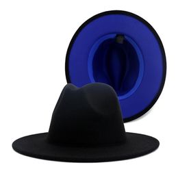 Black with Blue Bottom Patchwork Panama Wool Felt Jazz Fedora Hats Women Men Wide Brim Patry Cowboy Trilby Gambler Hat with Belt B220J