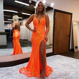 Party Dresses Sexy Deep V-Neck Evening Side Split Glitter Sequin Appliques Long Prom Gown Spaghetti Strap Backelss Sweep Train Dress