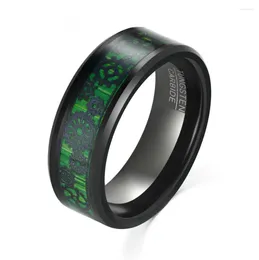 Wedding Rings 8mm Electric Black Inlaid Green Carbon Fibre Gear Pattern Tungsten Steel Ring Men's Bague Homme Jewellery