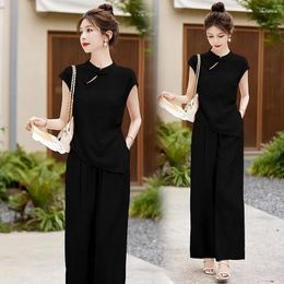 Women's Two Piece Pants Chinese Style Set Summer 2023 High End Qipao Top With Wide Leg Fashion