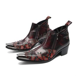 Men italian Dress Boots Steel Pointed Toe Patchwork Snake Skin High Heels Motorcycle Cowboy Boots Leather Shoes Man