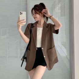 Blazer Women Korean Chic Summer Short Sleeve Suit Jacket Pockets Office Ladies Black Blazer Femenino Women Clothing Thin Tops