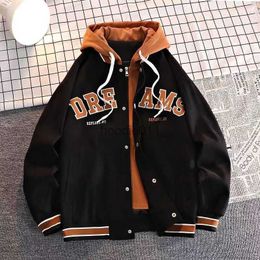 Men's Jackets American Hiphop Baseball Suit Fake Two-piece Fashion Versatile Hooded Sweatshirt Same Velvet Thermal Coat for Men and Women L230925