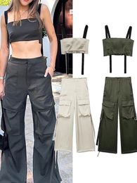 Women's Two Piece Pants Pieces Set Cargo Y2k Streetwear Solid Silk Satin Full Length Pant Cropped Tank Top Casual Straight Lady Outfit 230925