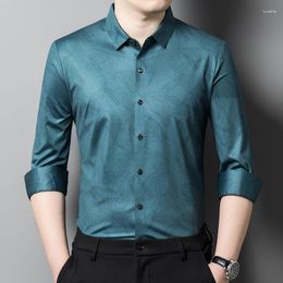 Men's Casual Shirts Dark Print Classic Seamless For Men Long Sleeve Gentleman Spring Quality Soft Comfortable Silky Elastic Camisas De