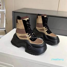 Designer -martin boots motorcycle boots fashion woman Mid length boots Black Leather Wedge Lace Letter Thick Heel Knight