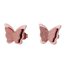 Exquisite Stainless Steel Butterfly Stud Earrings 18K Real Gold Plated Frosted Flying Butterfly Earrings for Women Ladies Cute Titanium Steel Ear Jewelry Gift