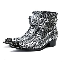 Fashion Silver Genuine Leather Ankle Boots Men 6.5cm Heels Men's Boots Buckles Rock Punk Boots for Men Party Wedding