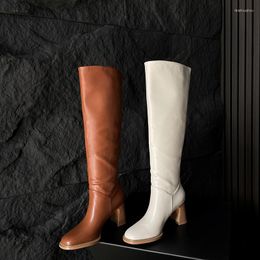 Boots 2023 Autumn Winter Women Knee High Plus Size 22-26cm Microfiber Cowhide Modern Square Toe Pile Up