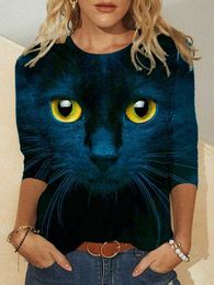 Women Blouse Top Cat Chasing The Moon Print shirt Plus Size XL Casual Black shirts Long Sleeve Funny Cartoon Tees Female