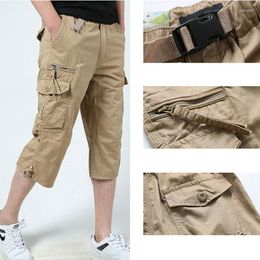 Men's Shorts Summer Long Length Casual Cotton Cargo Men Knee Multi Pocket Elastic Waist Male Military Style Breeches