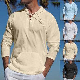 Men's T-Shirts Summer New Men'S Long Sleeves T-Shirt Cotton Linen Clothes V Neck Lace-Up Loose Tops Tees Shirt Beach Casual Pullover S-2XL T230925