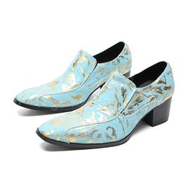 Chinese Style Slip on Print Dress Shoes Elegant Big Size Pointed Toe Evening Shoes Social High Heel Leather Men Prom Shoes