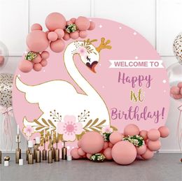 Party Decoration Pink Flower Gold Crown White Swan Round Backdrop Cover Princess Girl Birthday Baby Shower Circle Pography Background