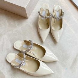JC Jimmynessity Choo Sandals Highest-quality Slippers designer Luxury Womens Mules Bing Flat Crystal Arch Strap Patent Leather Diamond Chain High heeled Semi drag