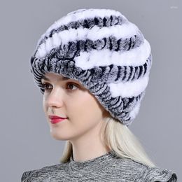 Ball Caps Genuine Rex Fur Hat Snow Cap Winter Hats For Women Girls Real Knitting Skullies Beanies Natural Fluffy