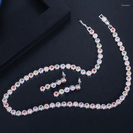 Necklace Earrings Set ThreeGraces Elegant Colourful Cubic Zirconia Flower Link Chain And Party Costume Jewellery For Women TZ965