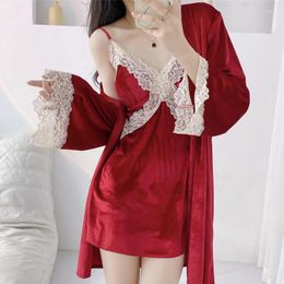 Women's Sleepwear Velour Lace 2PCS Robe Set Women Kimono Bathrobe Gown Suit Autumn Winter Velvet Nightgown Home Dress Loungewear