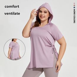 Designer Europe and the United States slim-fit fitness wear women hooded short-sleeved sports T-shirt quick dry large size long buttock covered yoga top women