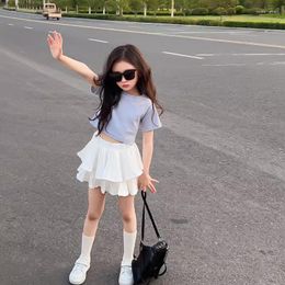 Clothing Sets Summer Girls 2 Pcs Set Baby Crop Top Layered Skorts Kids Children Clothes Teenage Suit Fashion Back Hollow 5-14Y