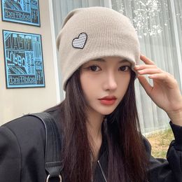 Beanie/Skull Caps New Autumn Women's Beanie Hats Casual Cotton Ribbed Slouchy Beanies for Ladies Korean Style Fashion Heart Skullies 230925