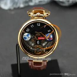 1822 Ottantasei Tourbillon Swiss Quartz Mens Watch 18K Yellow Gold Steel Case Black Skeleton Dial Brown Leather Strap Watches Puretime Z01D4