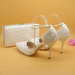 Dress Shoes White Flower Wedding And Bags Set High Heels Pointed Toe Ankle Strap Ladies Party Shoe With Matching Purse Lace-up