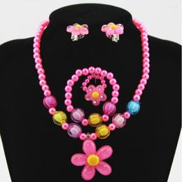 Necklace Earrings Set 4Pcs Kids Baby Girl Imitation Pearls Candy Bead Flower Bracelet Rings Children Gift Birthday