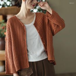 Women's Knits Johnature Women Vintage Knitted Cotton Sweaters Cardigan Long Sleeve Button Solid Colour Coats 2023 Autumn Loose