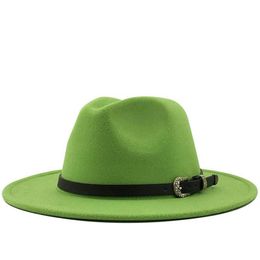 Men Women Wide Brim Wool Felt Fedora Panama Hat with Belt Buckle Jazz Trilby Cap Party Formal Top Hat In Pink green 56-60CM251p