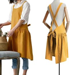 Cotton Linen Cross Back Apron for Women with Pockets for Painting Gardening Yellow with Waist Ties 122919