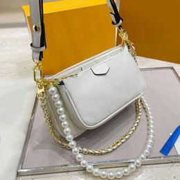 2023 Women Messenger Bags Plain Zipper Purse Shoulder Bag High Quality Genuine Leather Printed Letters Pearl Decoration Chain Wallets