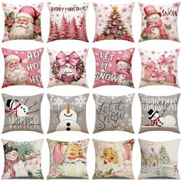 Pillow 40/45/50/60cm Pink Christmas Pillowcase Santa Claus Printed Cover Year Home Decor Living Room Sofa Covers