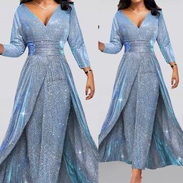 Long Sleeve New Mother of the Bride Dresses Bling V Neck Mermaid Formal Godmother Evening Wedding Party Guests Gown Plus Size Custom Made Shiny Jumpsuits Prom Godmor