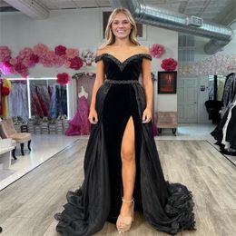 New Black Velvet Prom Dress With Overskirt Train Off Shoulders Beaded High Slit Evening Dress 2024 Formal Night Dance Birthday Vestidos De Noche Robes De Soiree Chic