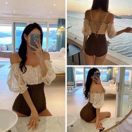 Women's Swimwear Women Beach Lady Dress Clothes Monokini Spaghetti Strap Low-cut Lace Backless Half Sleeves Swimming Embroidery Holl