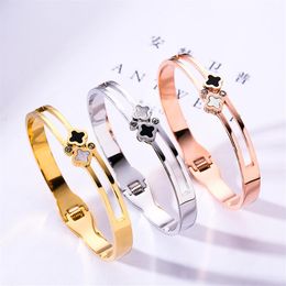 Classic Fashion stainless steel Design Four-leaf Clover Bangle &Bracelet Inlaid Authentic Shell fashion bijoux women Jewelry221U