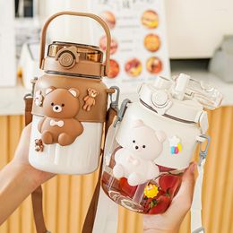 Water Bottles Cartoon Kids Bottle High-capacity Students Double Drink Bear Kawaii Plastic With Straw