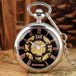 Pocket Watches Copper Red Roman Numerals Manual Mechanical Watch Gift Men Silver Chain Pendant Timepiece Open Face Design Clock