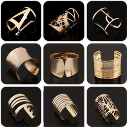 Charm Bracelets Gold Silver Colour Hollow Wide Cuff Bracelets Bangles For Women Men Punk Geometric Alloy Open Big Bangle Bracelet Fashion Jewellery Q230925