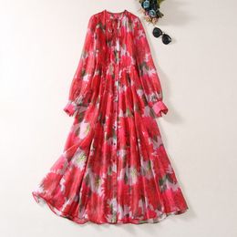 2023 Autumn Red Floral Print Ribbon Tie Bowknot Dress Long Sleeve Round Neck Buttons Midi Casual Dresses A3S150904-04