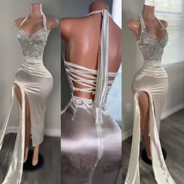 Sexy White Evening Dress Mermaid Slit Halter Neck Prom Dress For Black Girls Formal Pageant Birthday Gala Outfit