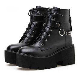 HBP Boots New Sexy Chain Women Leather Autumn Block Heel Gothic Black Punk Style Platform Shoes High Quality 220805