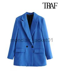 Women's Suits Blazers TRAF Women Chic Office Lady Double Breasted Blazer Vintage Coat Fashion Notched Collar Long Sleeve Ladies Outerwear Stylish Tops J230925