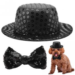 Dog Apparel Pet Festival Party Black Sequins Top Hat Bow Tie Decoration Set Bowtie Fashion Sequin Adjustable With 230923