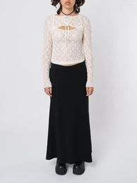 Women's T Shirts Women Y2K Lace Floral Crop Top Sheer Mesh See Though Long Sleeve Tie-up Shrug Fall Going Out Tops Club Streetwear
