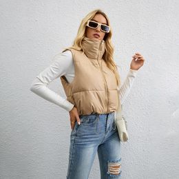 Women's Vests 2023 Autumn And Winter European American Style Fashion Short Solid Colour Down Cotton Vest Slim High Collar Loose