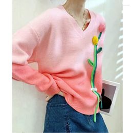Women's Sweaters Runway Women Long Sleeve Tulip Flowers Appliques Pullovers V Neck Loose Lady Autumn Spring Mujer Tops NZ151