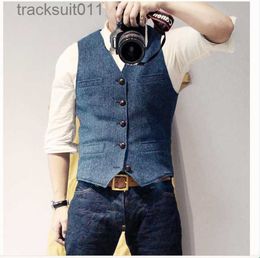 Men's Vests Men's Suit Vest Blue Single Breasted Woollen Blended Mens Vest Denim Jeans Waistcoat Jacket Slim Fit Casual Formal Business L230925